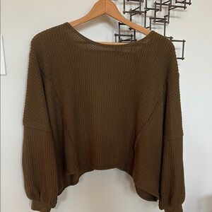 Free People Brown Crew Neck Sweater with Balloon Sleeves
